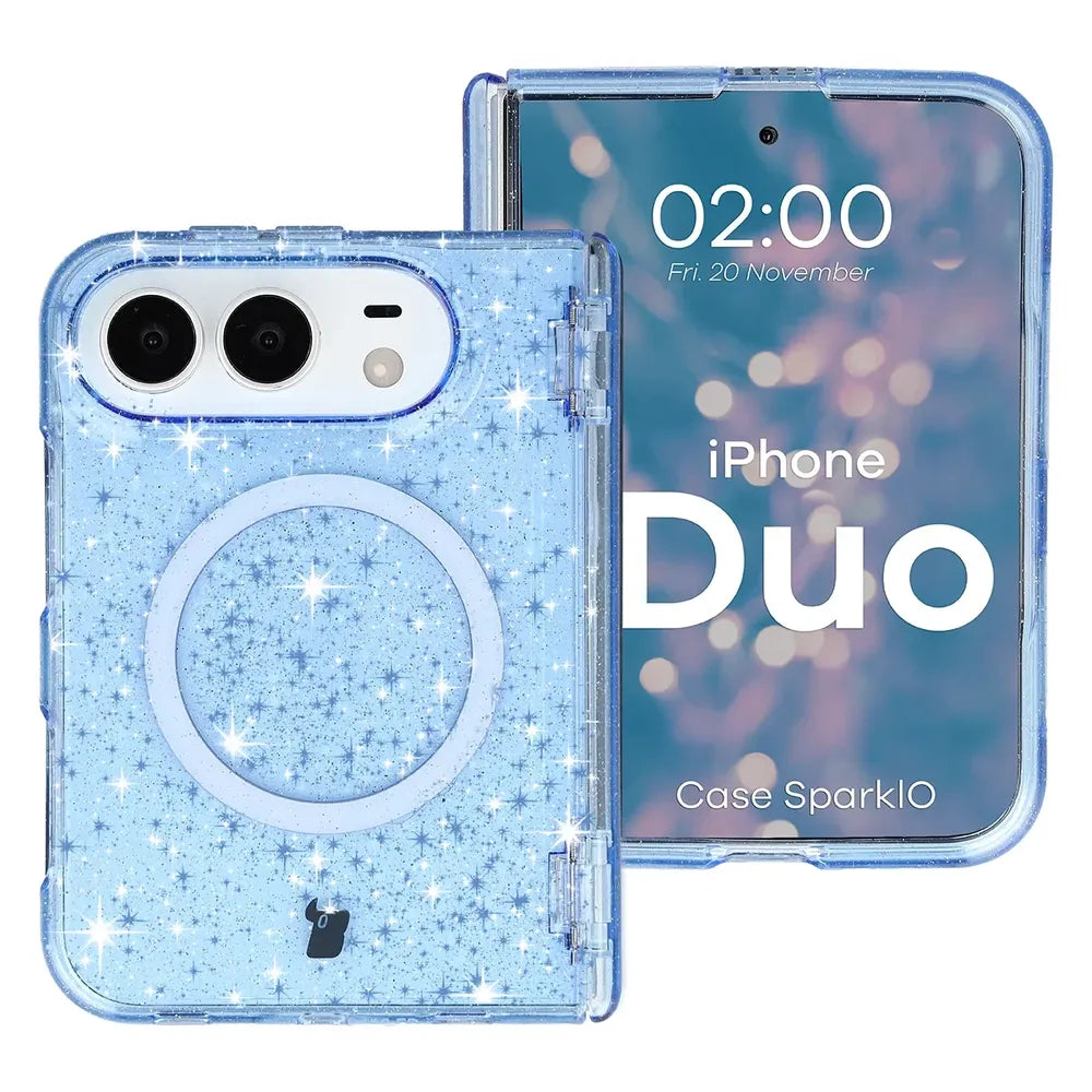 Glitzer Hülle mit Magnetring für iPhone Duo, Bizon Case SparklO, Transparent-Hellblau mit Glitzer (1/7)
