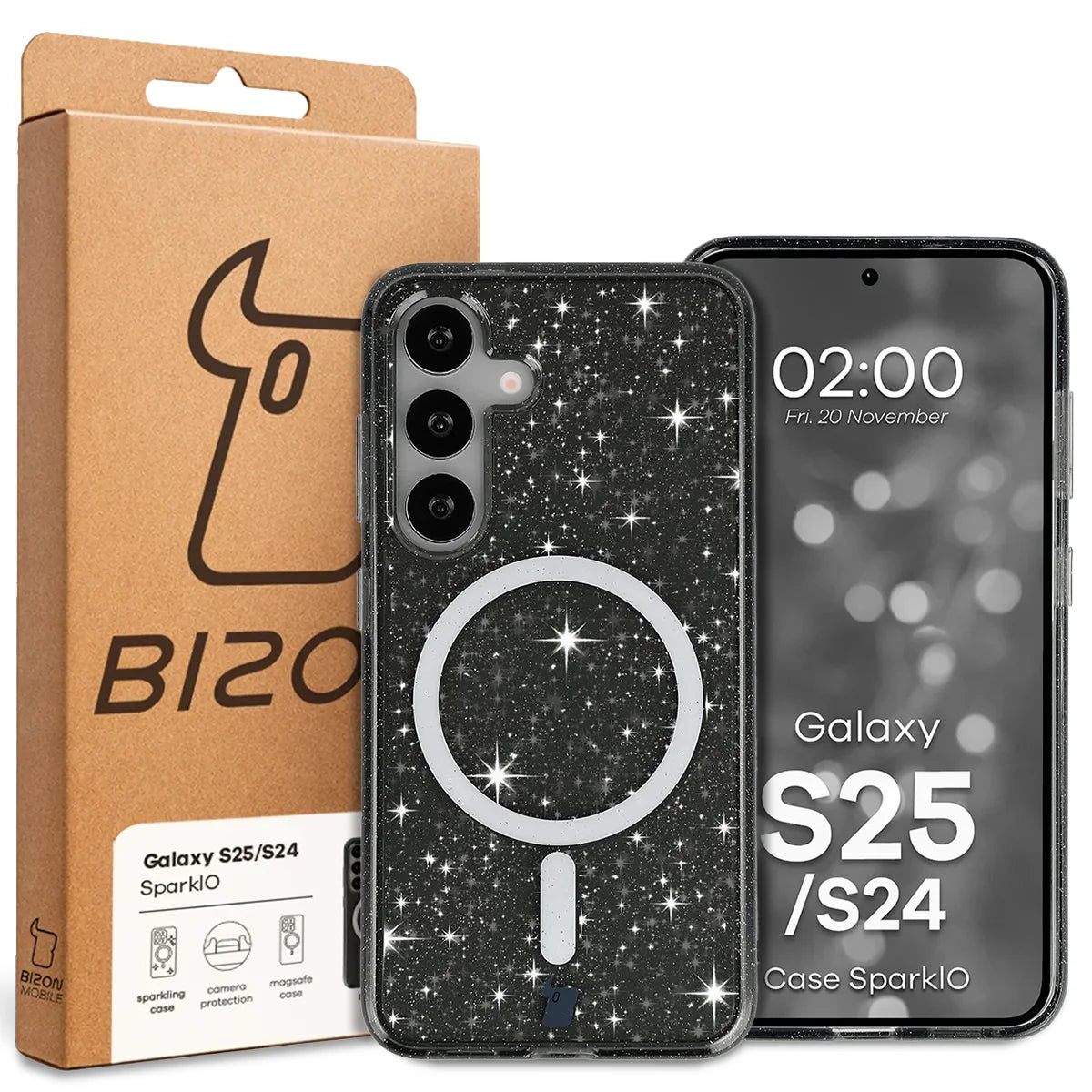 Glitzer Hülle mit Magnetring für Galaxy S25 / S24, Bizon Case SparklO, Transparent-Schwarz mit Glitzer