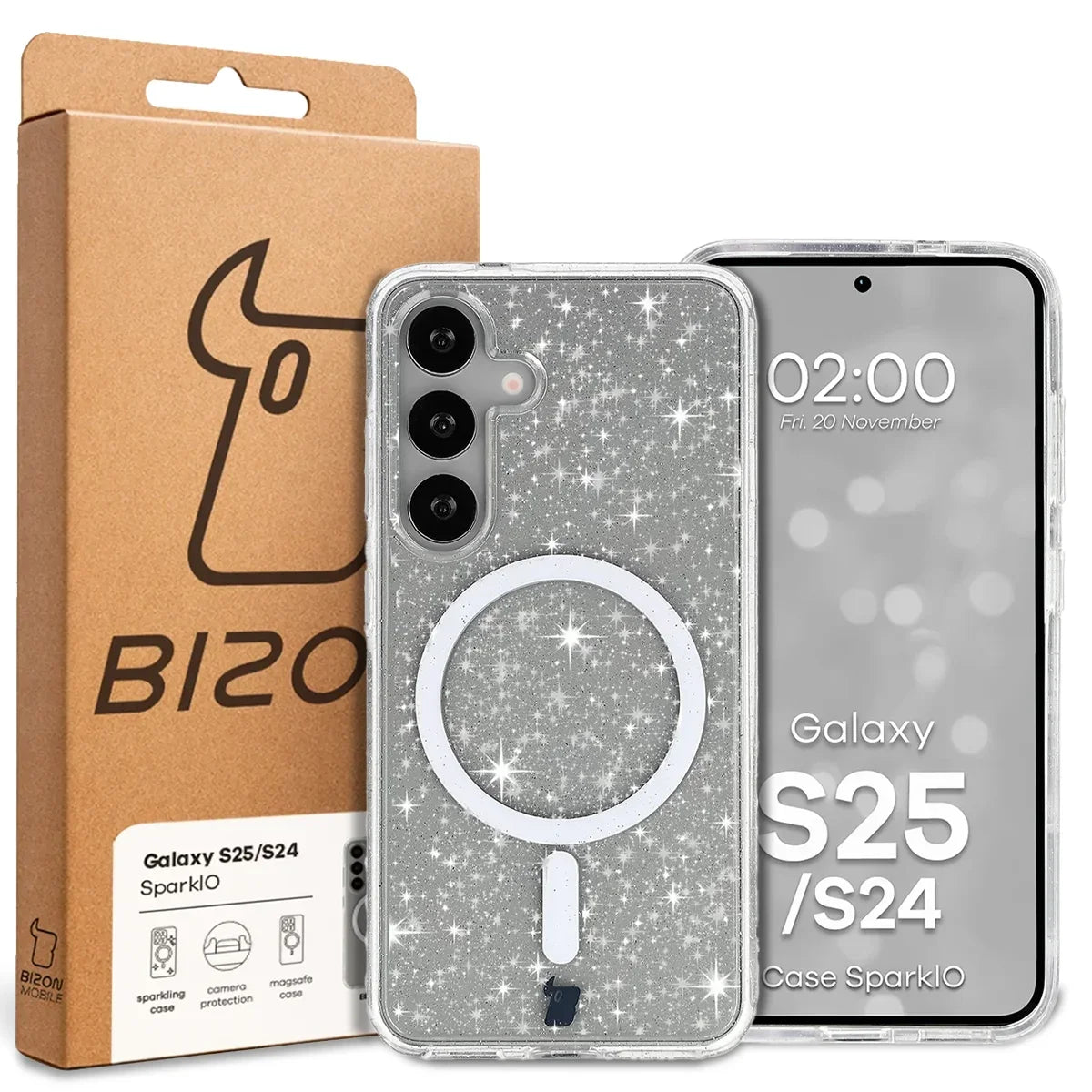Glitzer Hülle mit Magnetring für Galaxy S25 / S24, Bizon Case SparklO, Transparent mit Glitzer