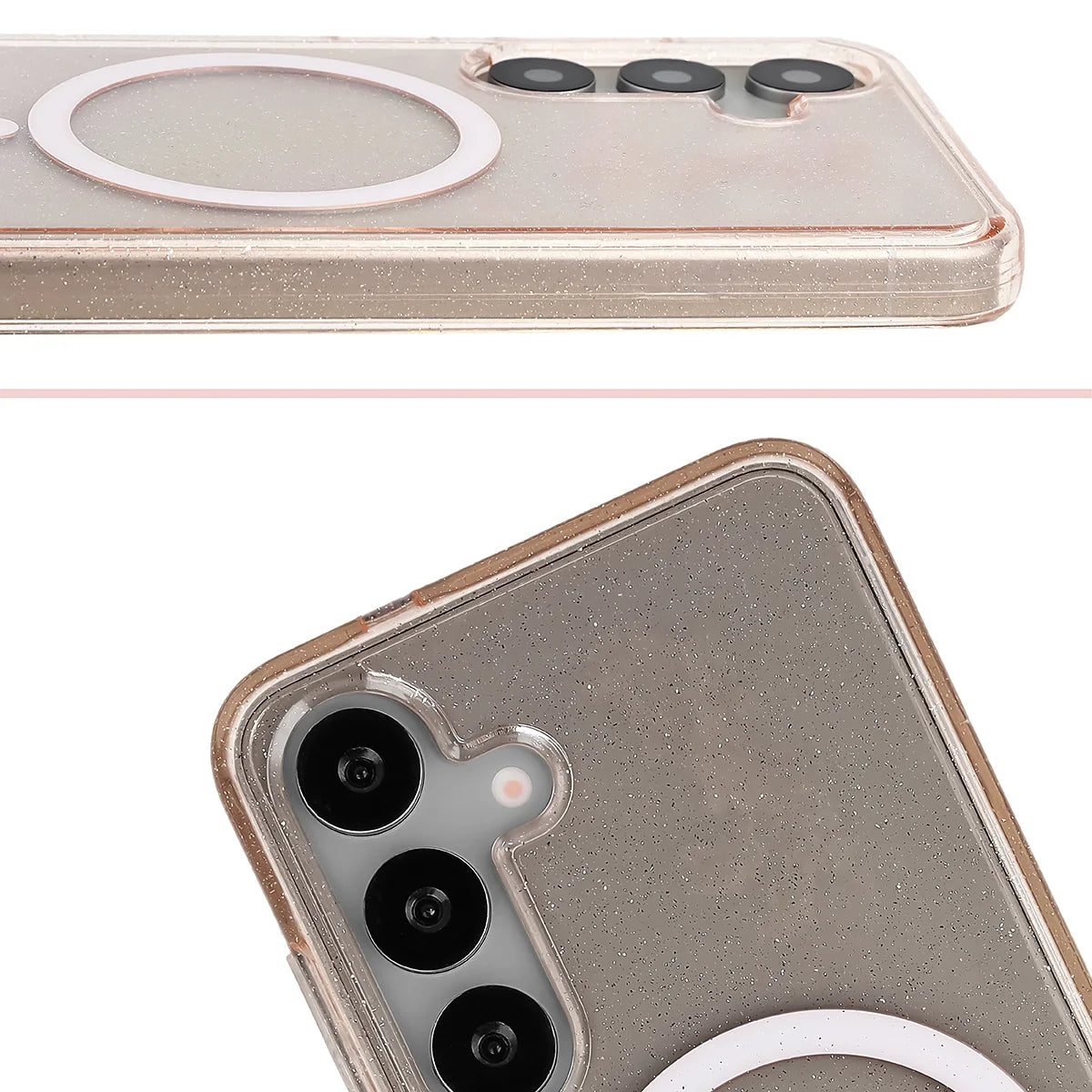 Glitzer Hülle mit Magnetring für Galaxy S25 / S24, Bizon Case SparklO, Transparent-Hellorange mit Glitzer