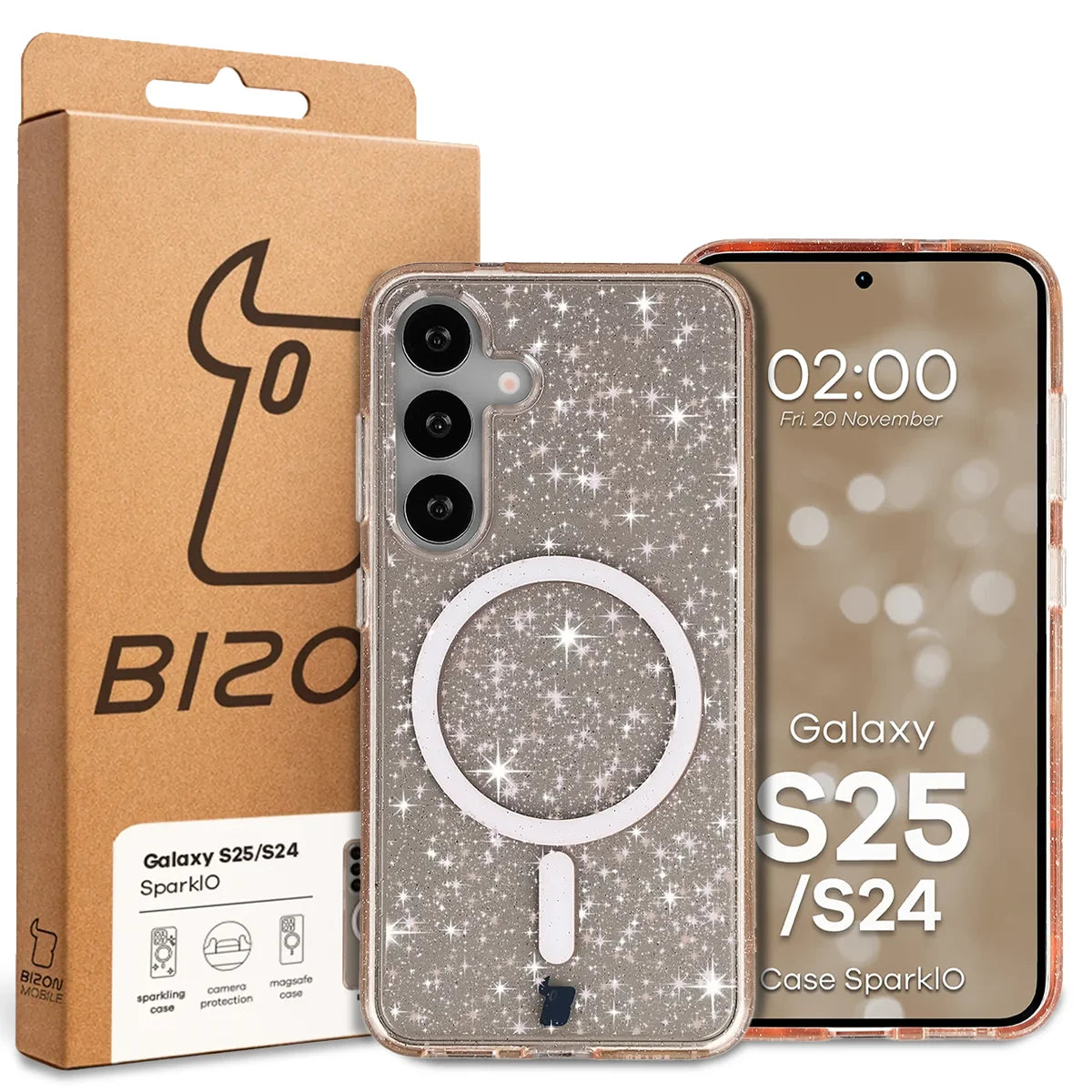 Glitzer Hülle mit Magnetring für Galaxy S25 / S24, Bizon Case SparklO, Transparent-Hellorange mit Glitzer