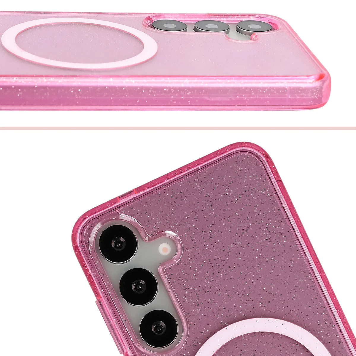 Glitzer Hülle mit Magnetring für Galaxy S25 / S24, Bizon Case SparklO, Transparent-Rosa mit Glitzer
