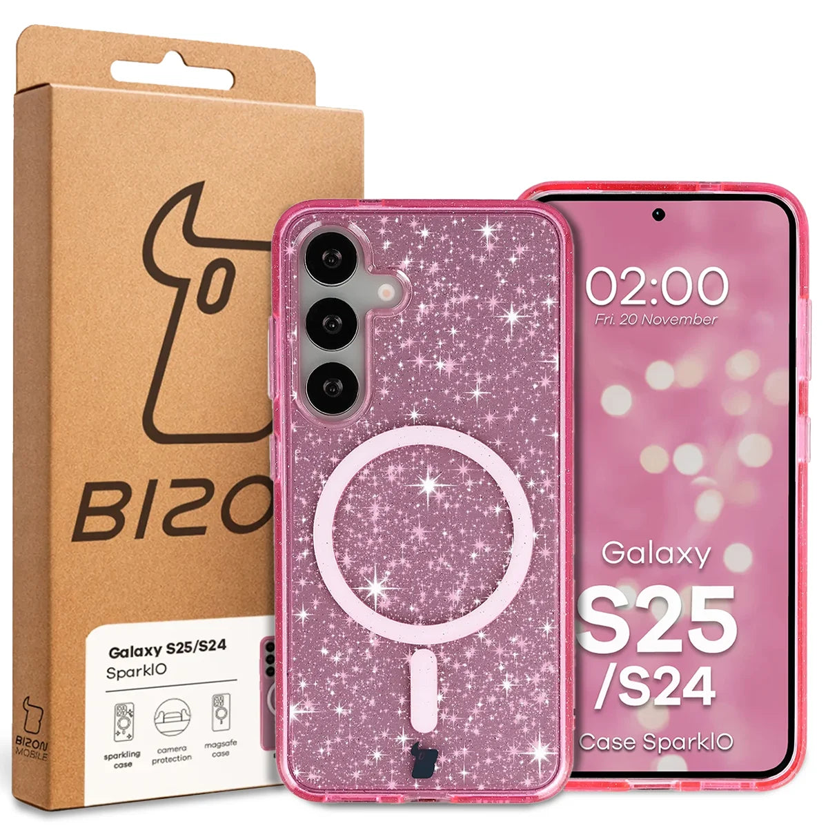 Glitzer Hülle mit Magnetring für Galaxy S25 / S24, Bizon Case SparklO, Transparent-Rosa mit Glitzer