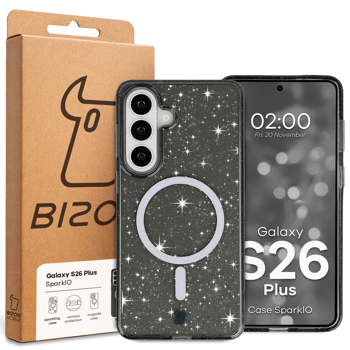 Glitzer Hülle mit Magnetring für Galaxy S26 Plus, Bizon Case SparklO, Transparent-Schwarz mit Glitzer
