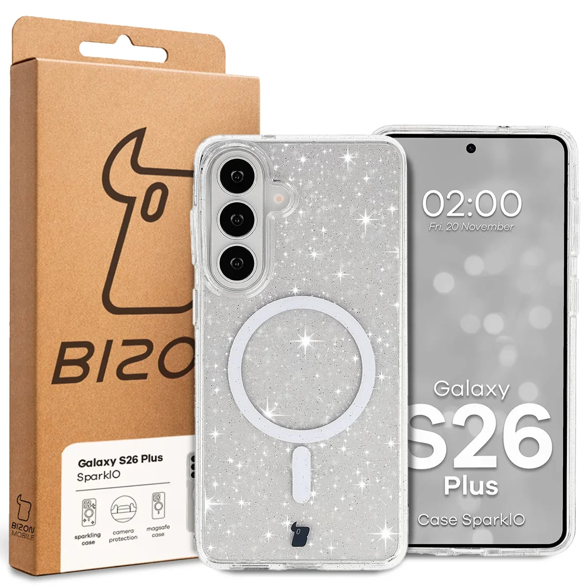 Glitzer Hülle mit Magnetring für Galaxy S26 Plus, Bizon Case SparklO, Transparent mit Glitzer