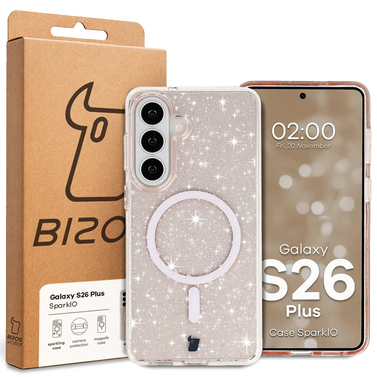 Glitzer Hülle mit Magnetring für Galaxy S26 Plus, Bizon Case SparklO, Transparent-Hellorange mit Glitzer