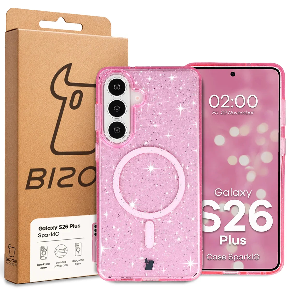 Glitzer Hülle mit Magnetring für Galaxy S26 Plus, Bizon Case SparklO, Transparent-Rosa mit Glitzer