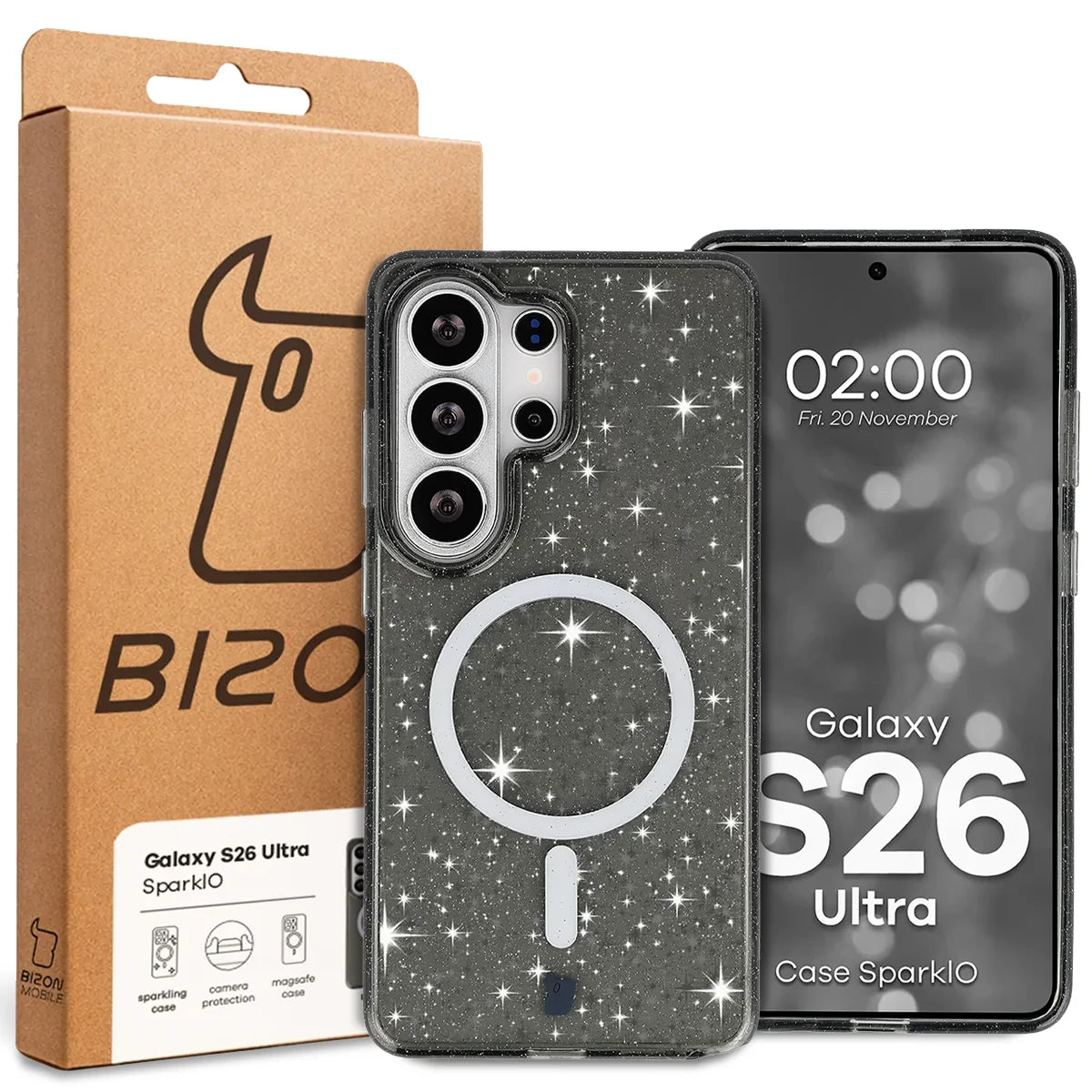 Glitzer Hülle mit Magnetring für Galaxy S26 Ultra, Bizon Case SparklO, Transparent-Schwarz mit Glitzer