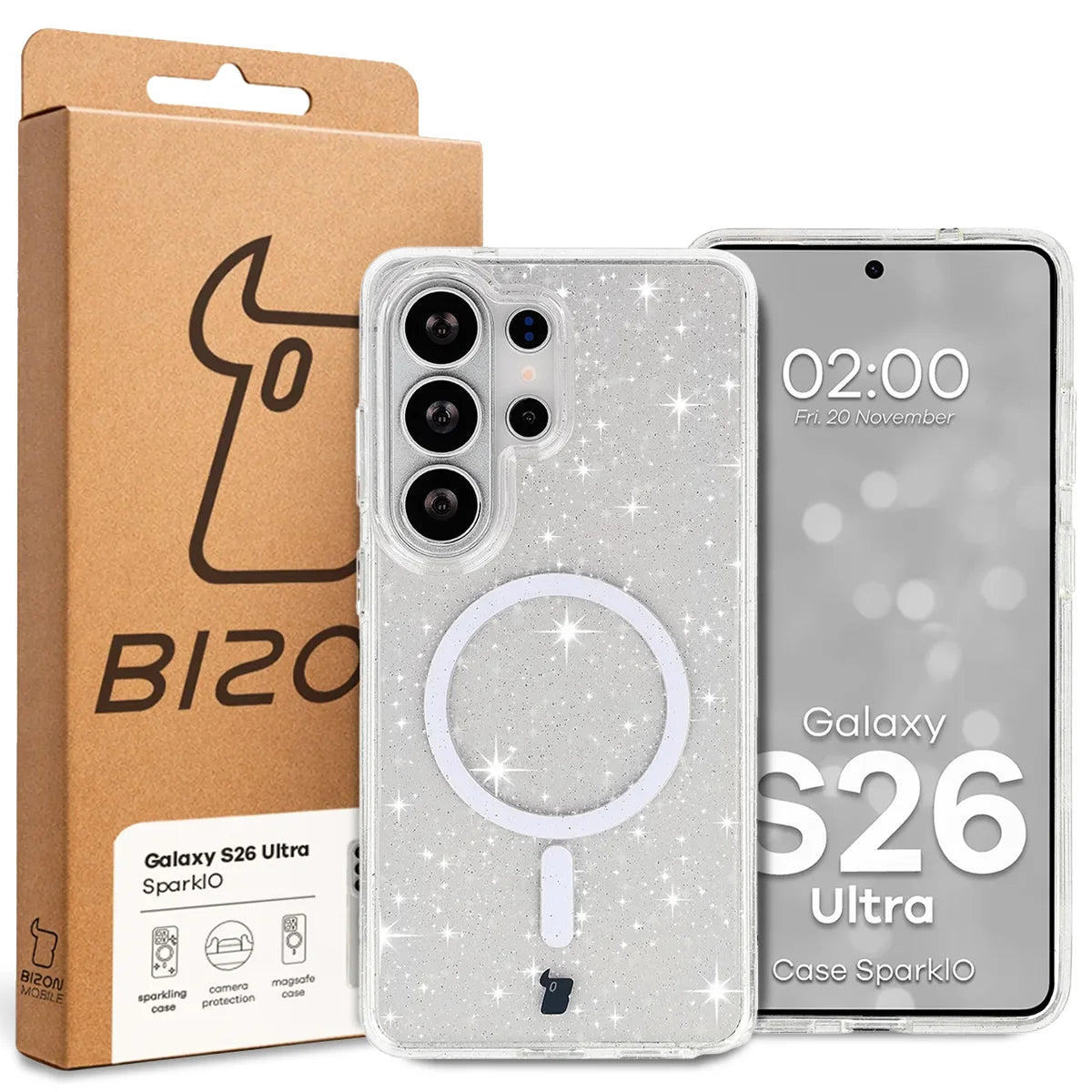 Glitzer Hülle mit Magnetring für Galaxy S26 Ultra, Bizon Case SparklO, Transparent mit Glitzer
