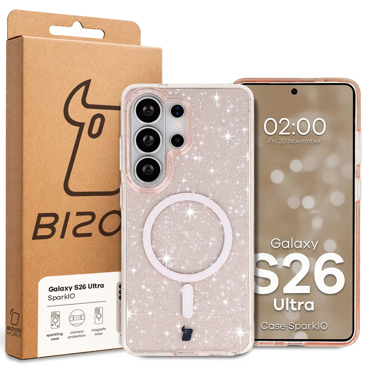 Glitzer Hülle mit Magnetring für Galaxy S26 Ultra, Bizon Case SparklO, Transparent-Hellorange mit Glitzer
