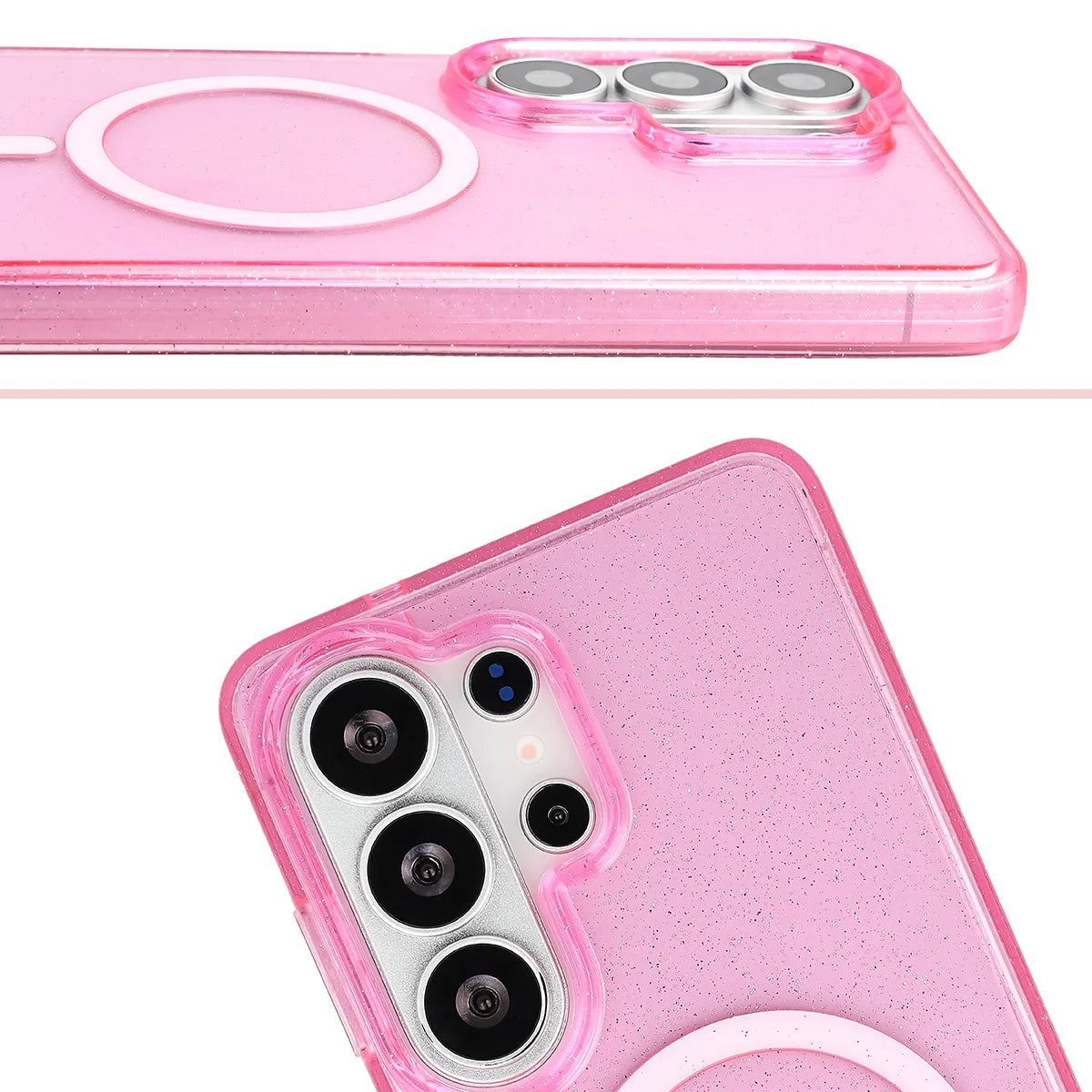 Glitzer Hülle mit Magnetring für Galaxy S26 Ultra, Bizon Case SparklO, Transparent-Rosa mit Glitzer