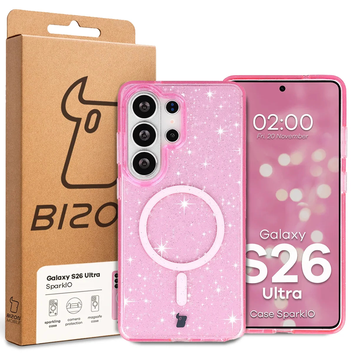 Glitzer Hülle mit Magnetring für Galaxy S26 Ultra, Bizon Case SparklO, Transparent-Rosa mit Glitzer