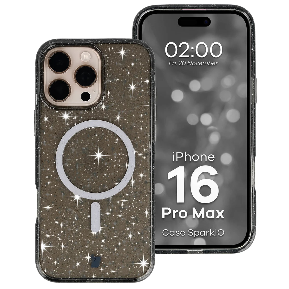 Glitzer Hülle mit Magnetring für iPhone 16 Pro Max, Bizon Case SparklO, Transparent-Schwarz mit Glitzer