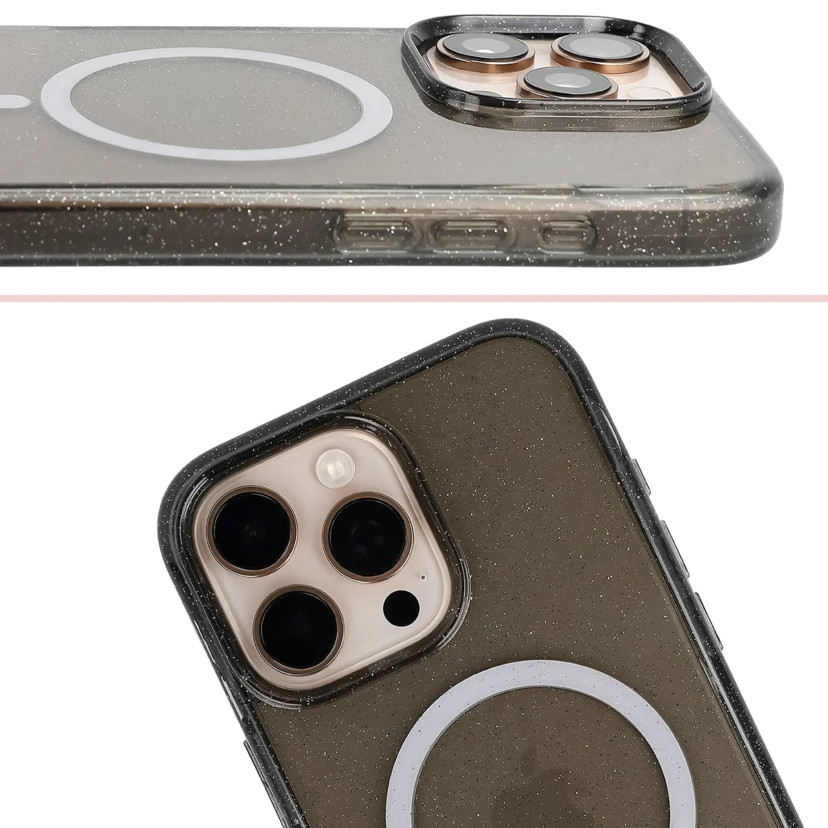 Glitzer Hülle mit Magnetring für iPhone 16 Pro Max, Bizon Case SparklO, Transparent-Schwarz mit Glitzer