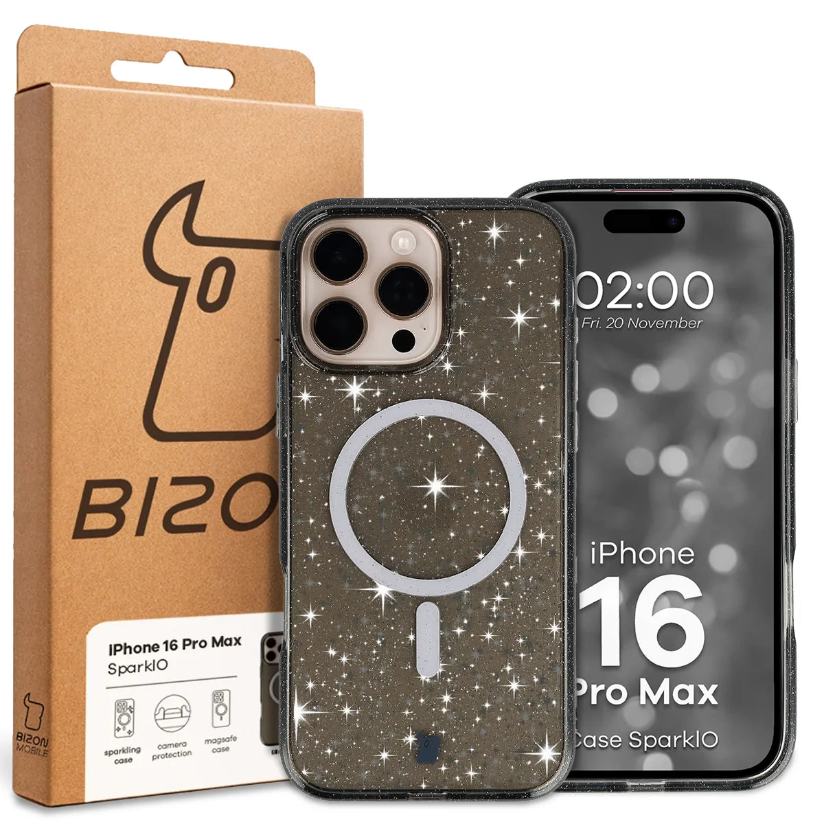 Glitzer Hülle mit Magnetring für iPhone 16 Pro Max, Bizon Case SparklO, Transparent-Schwarz mit Glitzer