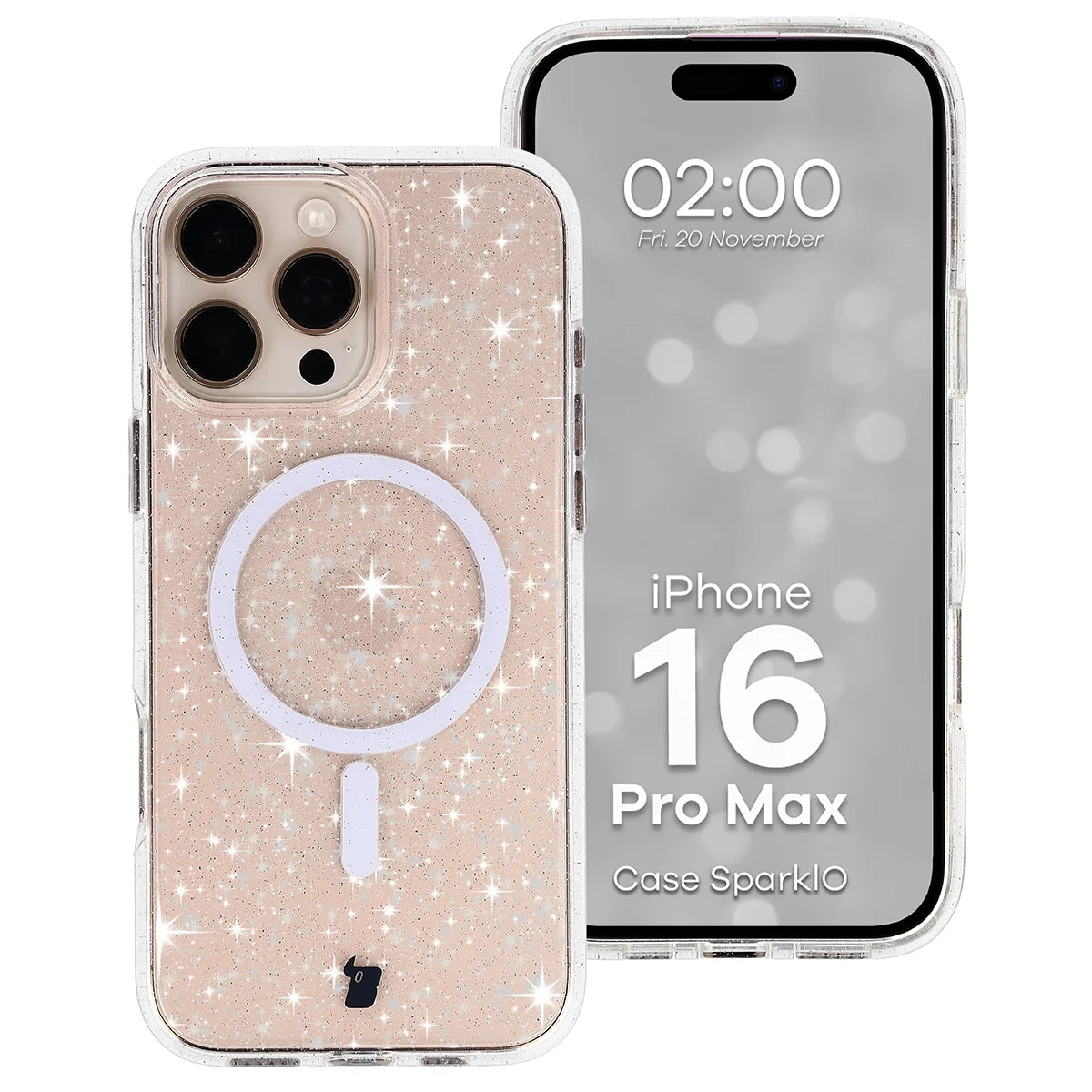 Glitzer Hülle mit Magnetring für iPhone 16 Pro Max, Bizon Case SparklO, Transparent mit Glitzer