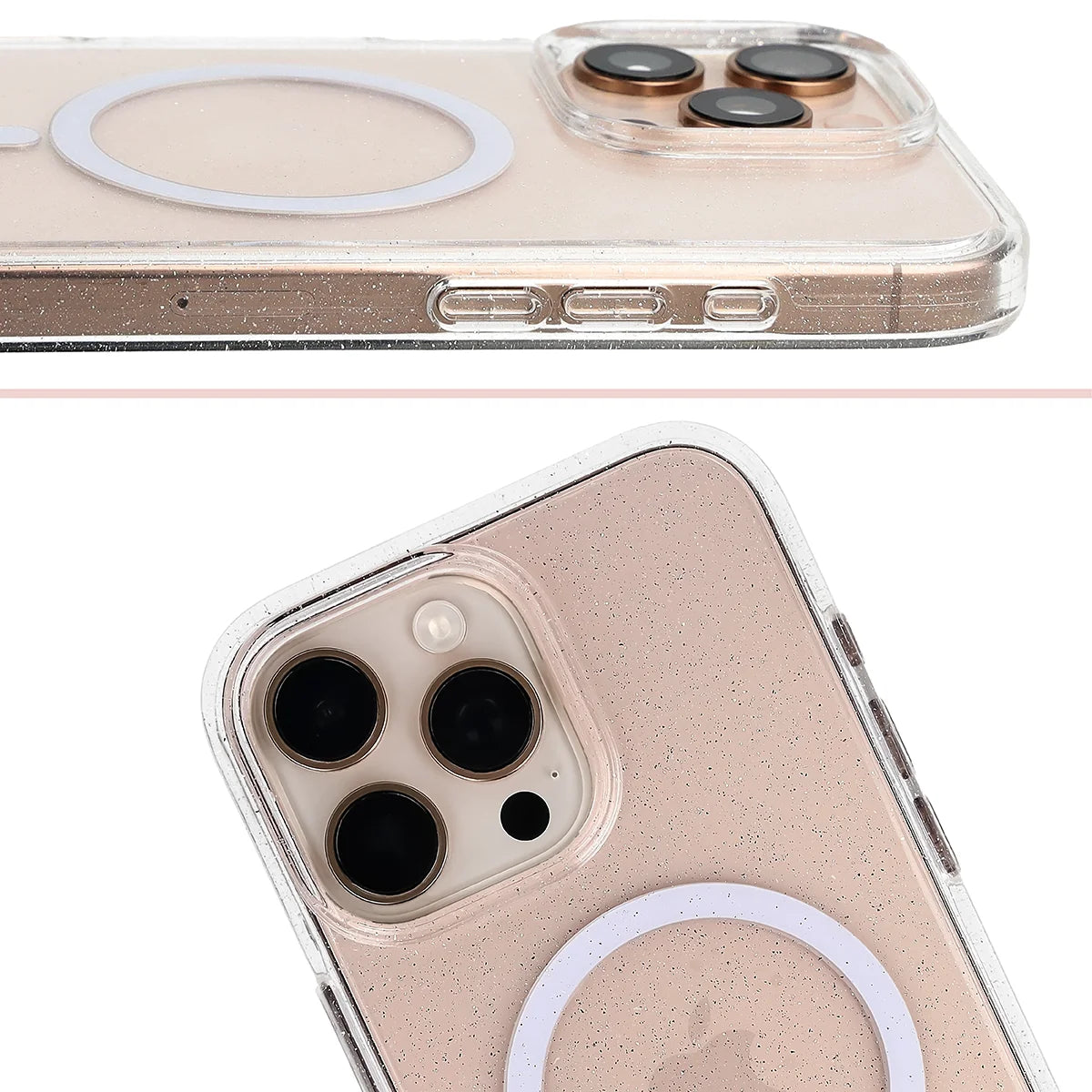 Glitzer Hülle mit Magnetring für iPhone 16 Pro Max, Bizon Case SparklO, Transparent mit Glitzer