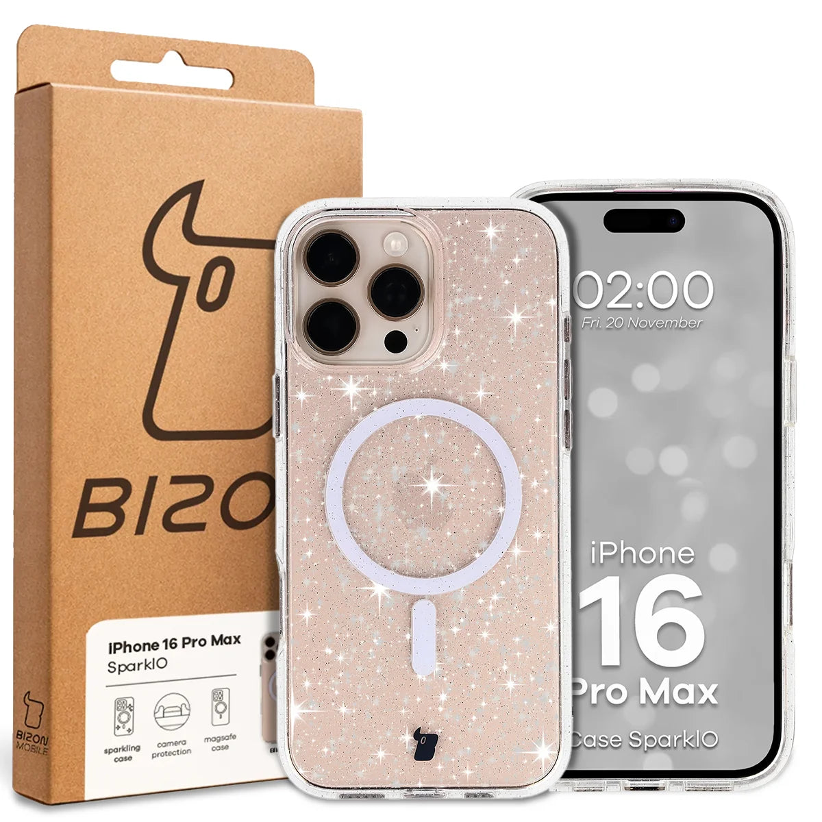 Glitzer Hülle mit Magnetring für iPhone 16 Pro Max, Bizon Case SparklO, Transparent mit Glitzer
