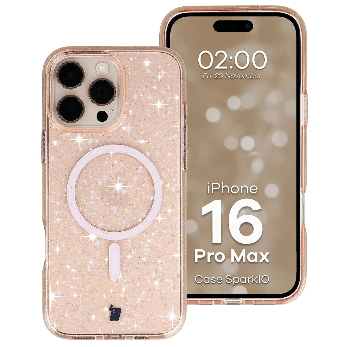 Glitzer Hülle mit Magnetring für iPhone 16 Pro Max, Bizon Case SparklO, Transparent-Hellorange mit Glitzer