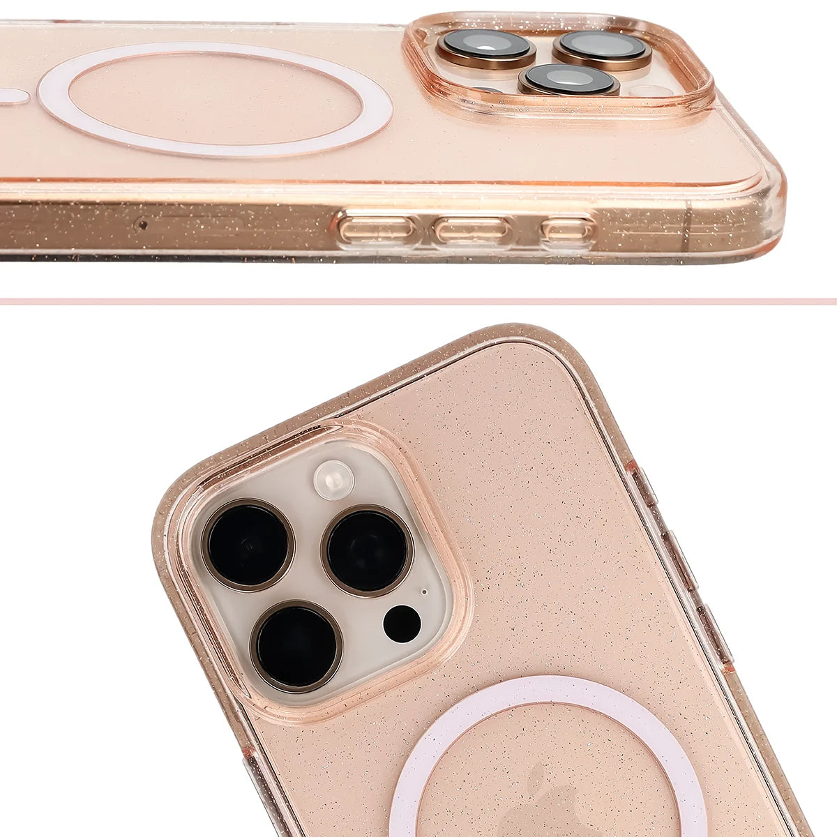 Glitzer Hülle mit Magnetring für iPhone 16 Pro Max, Bizon Case SparklO, Transparent-Hellorange mit Glitzer