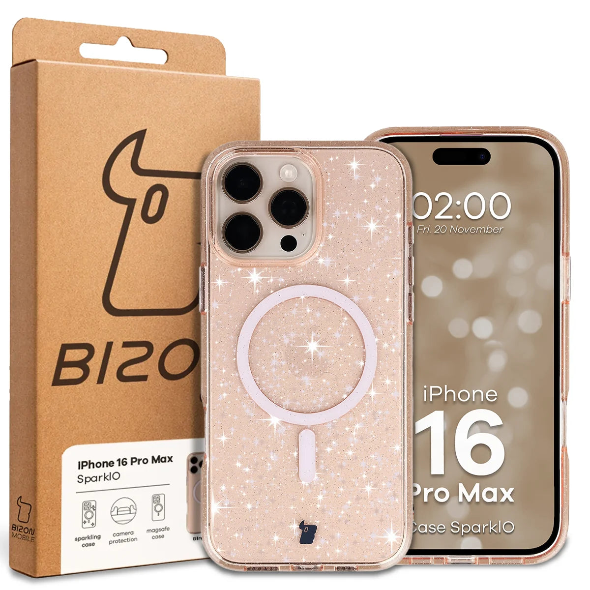 Glitzer Hülle mit Magnetring für iPhone 16 Pro Max, Bizon Case SparklO, Transparent-Hellorange mit Glitzer
