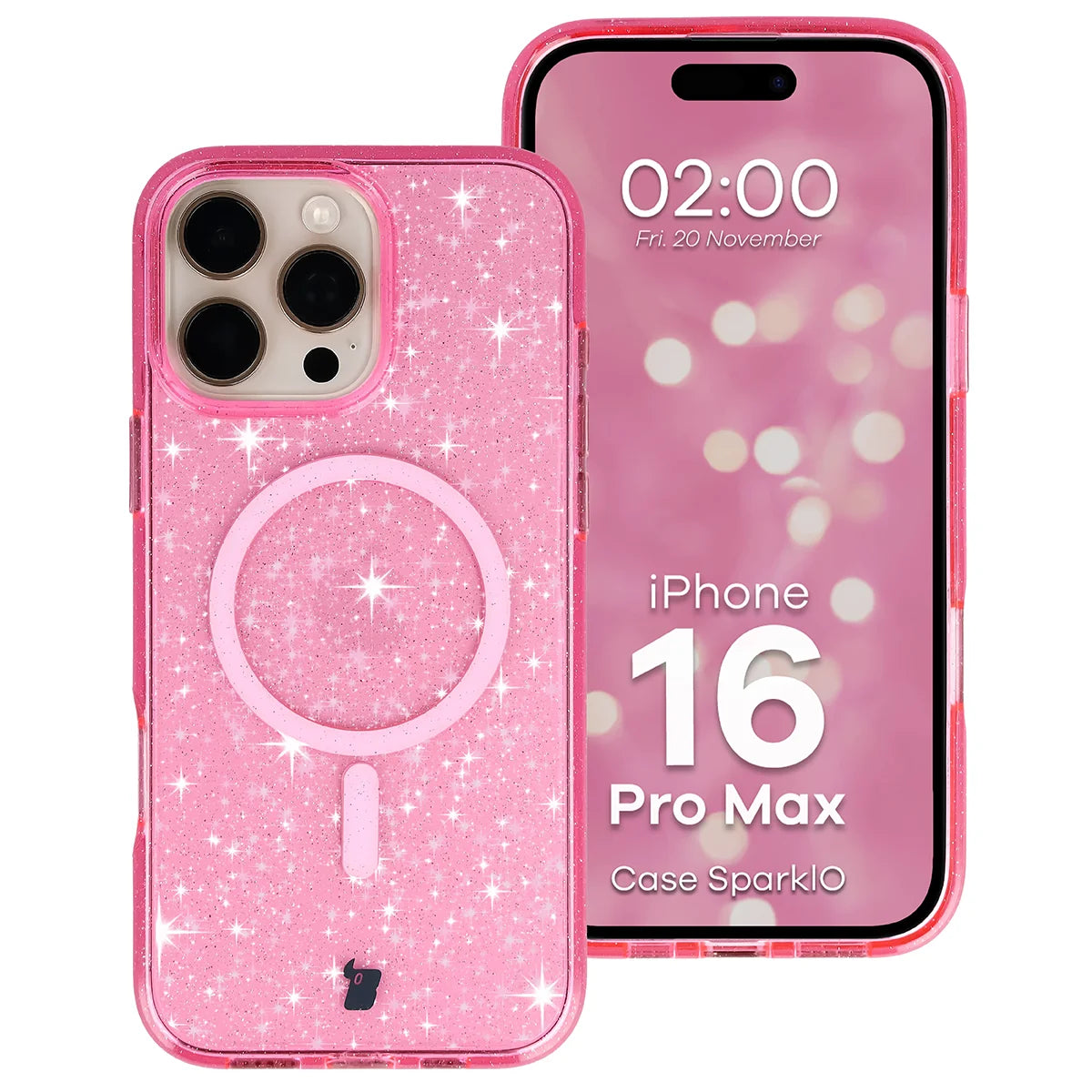 Glitzer Hülle mit Magnetring für iPhone 16 Pro Max, Bizon Case SparklO, Transparent-Rosa mit Glitzer