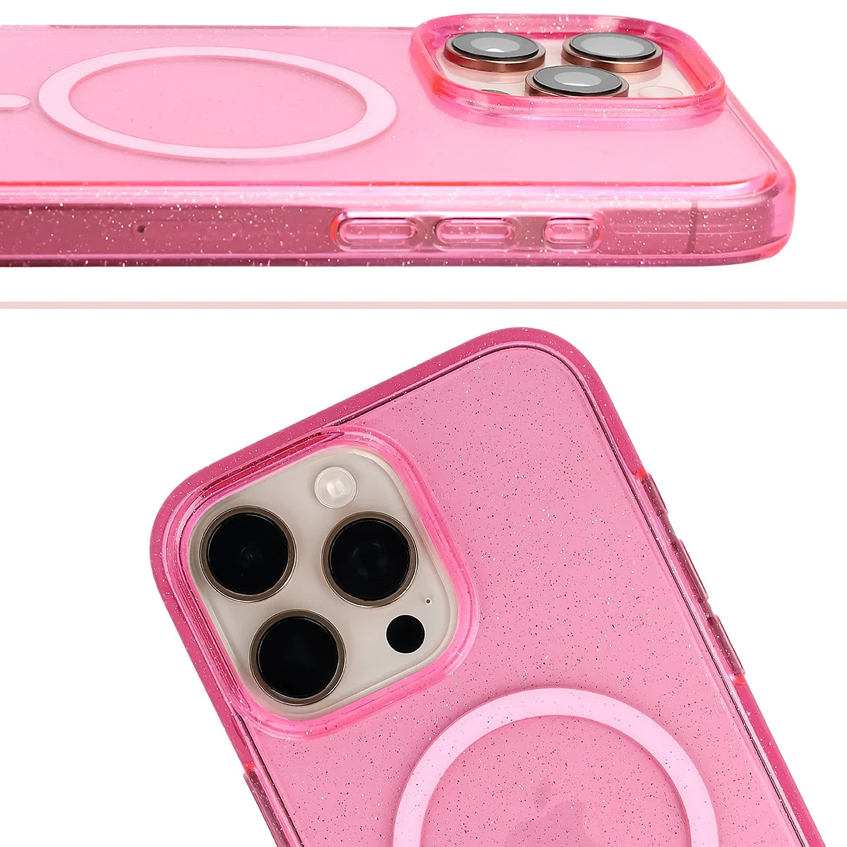 Glitzer Hülle mit Magnetring für iPhone 16 Pro Max, Bizon Case SparklO, Transparent-Rosa mit Glitzer