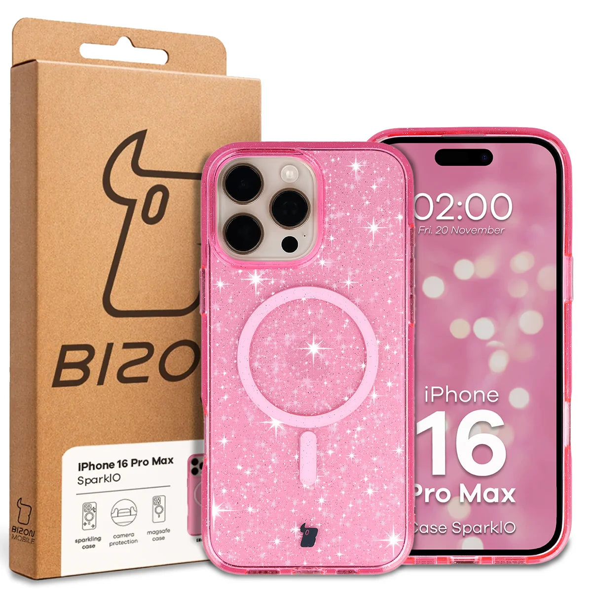 Glitzer Hülle mit Magnetring für iPhone 16 Pro Max, Bizon Case SparklO, Transparent-Rosa mit Glitzer