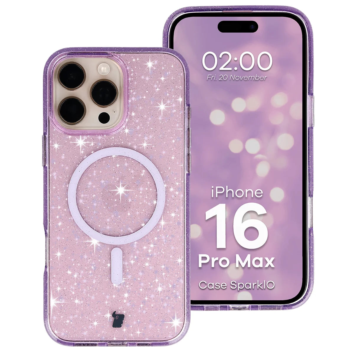Glitzer Hülle mit Magnetring für iPhone 16 Pro Max, Bizon Case SparklO, Transparent-Violet mit Glitzer