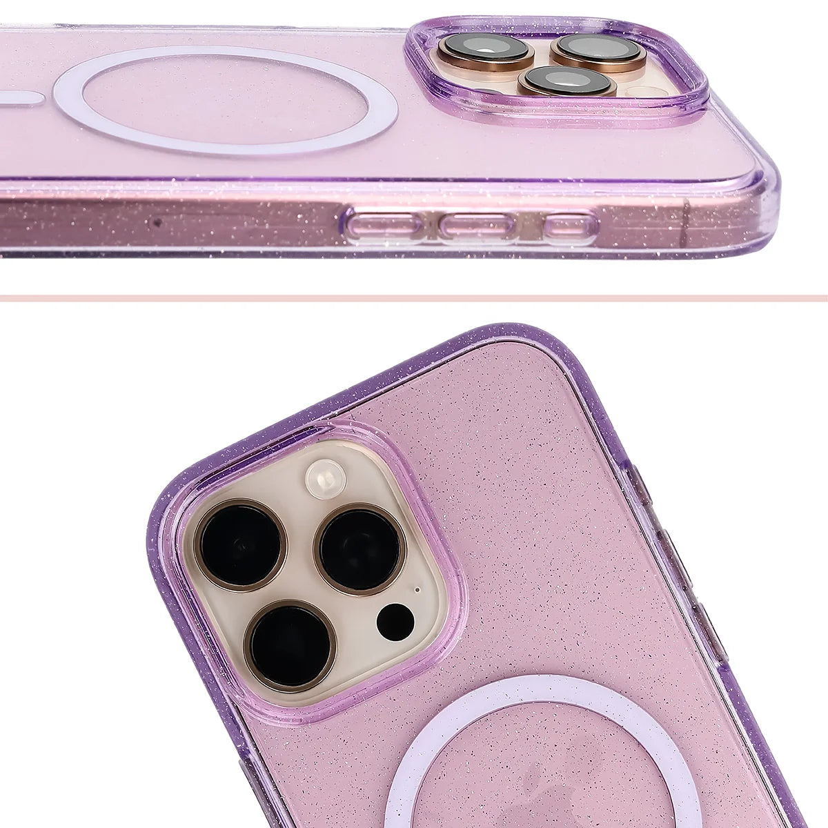 Glitzer Hülle mit Magnetring für iPhone 16 Pro Max, Bizon Case SparklO, Transparent-Violet mit Glitzer