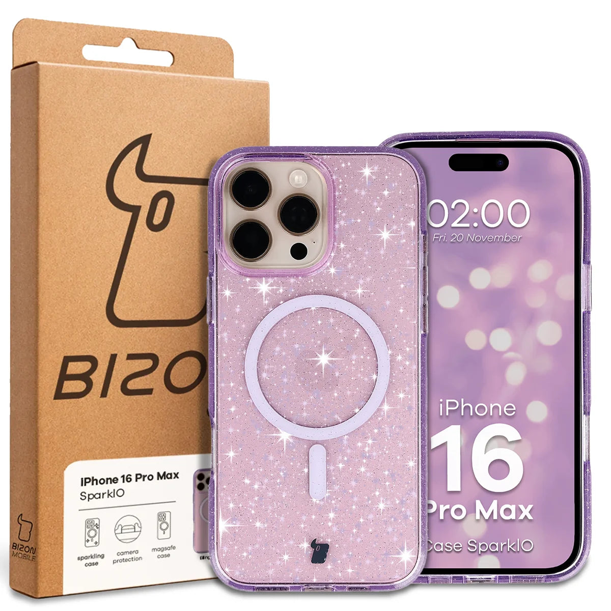Glitzer Hülle mit Magnetring für iPhone 16 Pro Max, Bizon Case SparklO, Transparent-Violet mit Glitzer