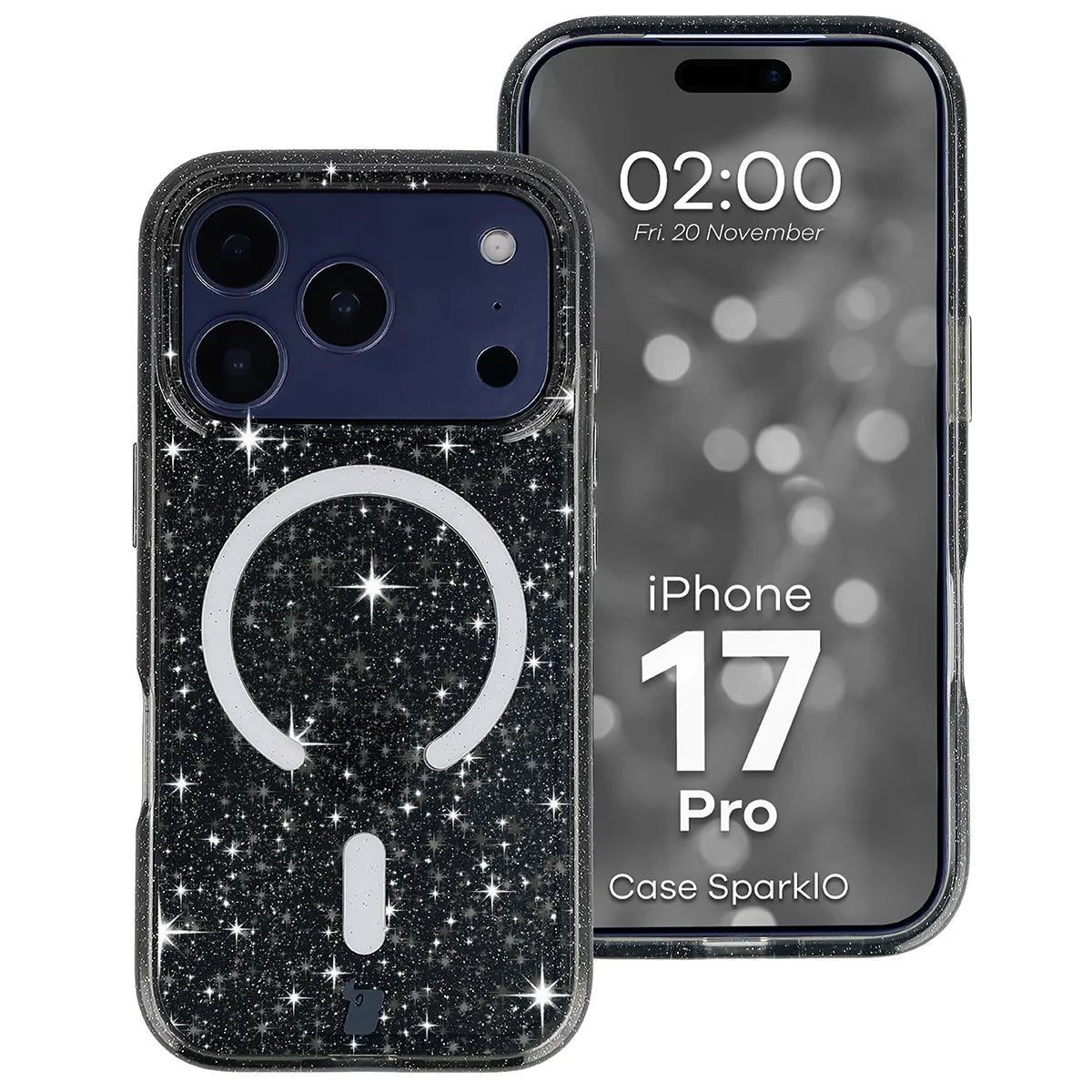 Glitzer Hülle mit Magnetring für iPhone 17 Pro, Bizon Case SparklO, Transparent-Schwarz mit Glitzer