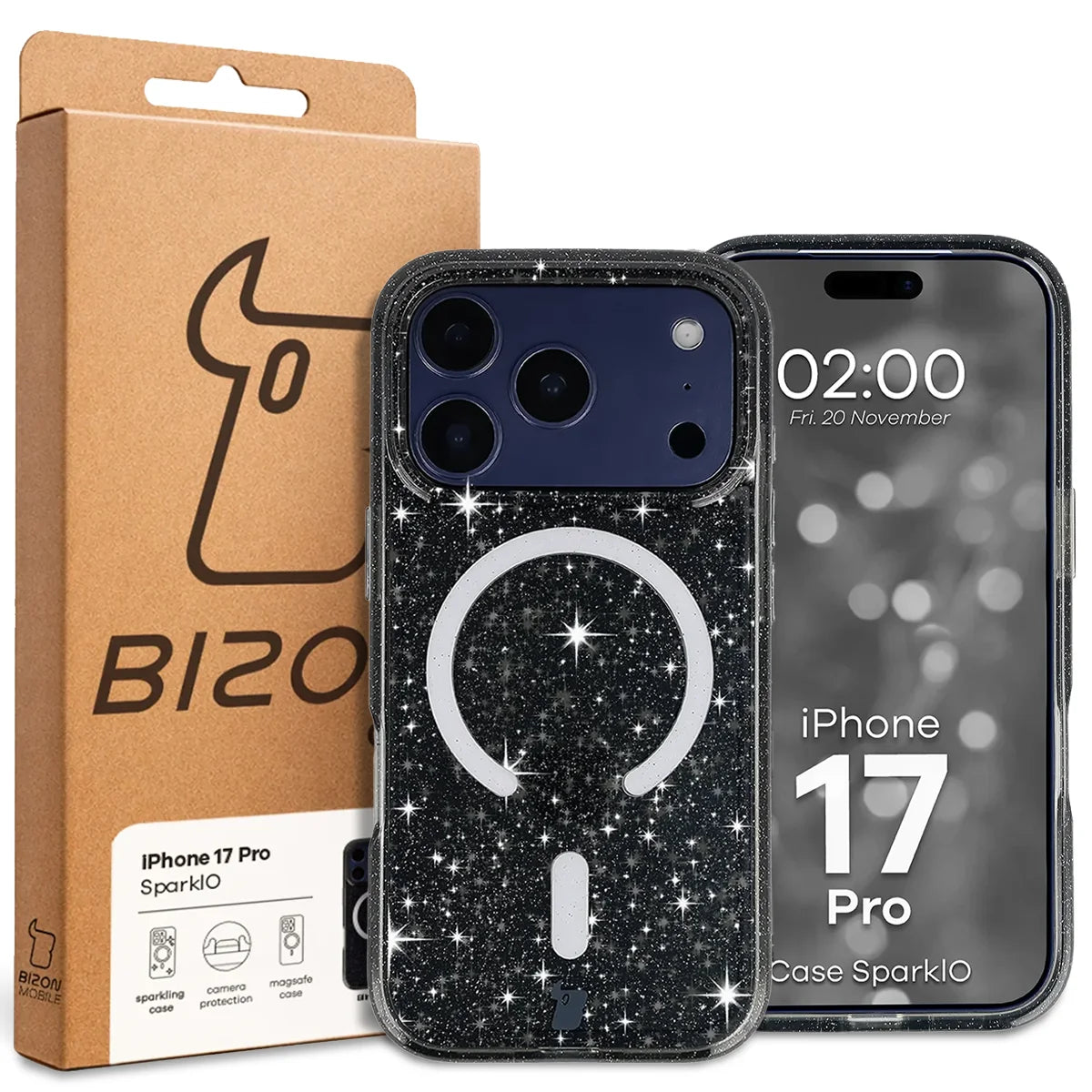 Glitzer Hülle mit Magnetring für iPhone 17 Pro, Bizon Case SparklO, Transparent-Schwarz mit Glitzer