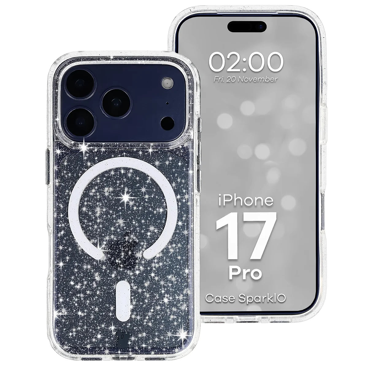 Glitzer Hülle mit Magnetring für iPhone 17 Pro, Bizon Case SparklO, Transparent mit Glitzer