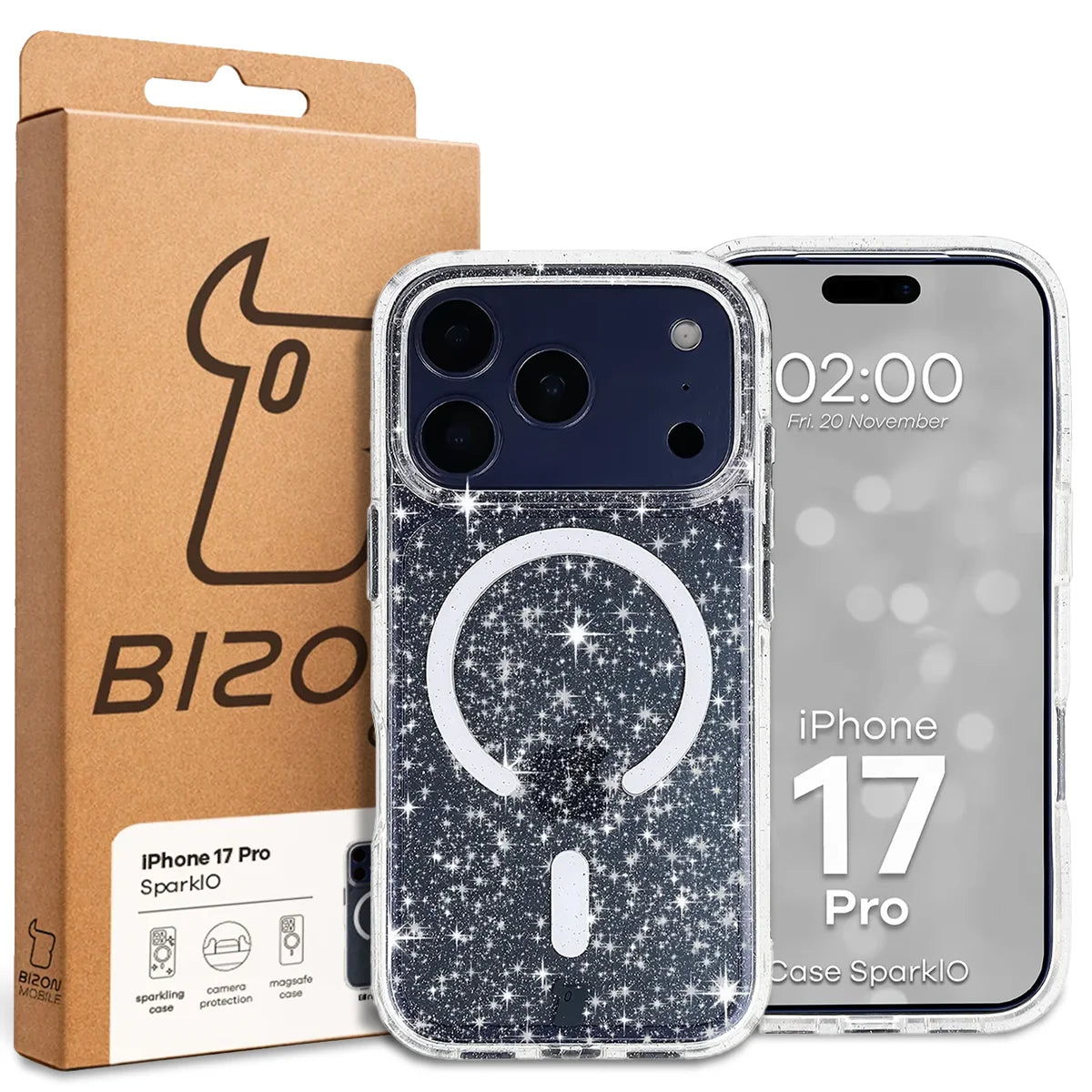 Glitzer Hülle mit Magnetring für iPhone 17 Pro, Bizon Case SparklO, Transparent mit Glitzer