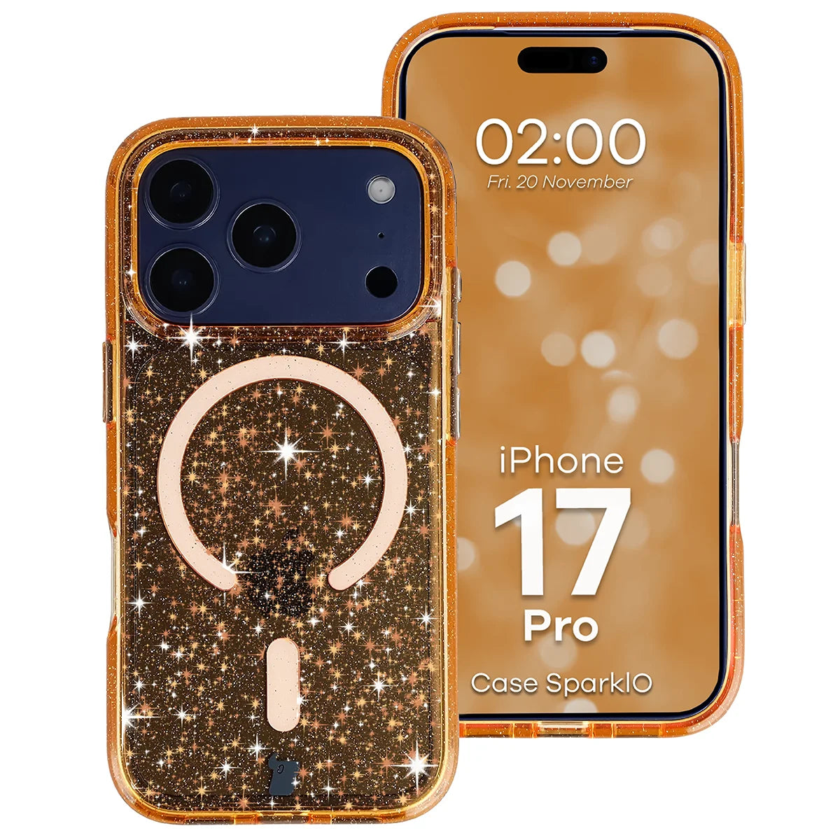 Glitzer Hülle mit Magnetring für iPhone 17 Pro, Bizon Case SparklO, Transparent-Orange mit Glitzer