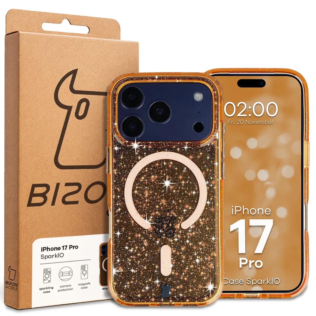Glitzer Hülle mit Magnetring für iPhone 17 Pro, Bizon Case SparklO, Transparent-Orange mit Glitzer