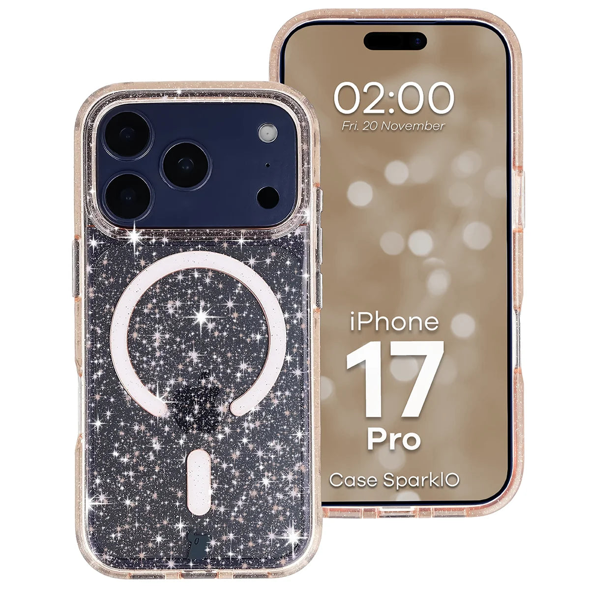 Glitzer Hülle mit Magnetring für iPhone 17 Pro, Bizon Case SparklO, Transparent-Hellorange mit Glitzer