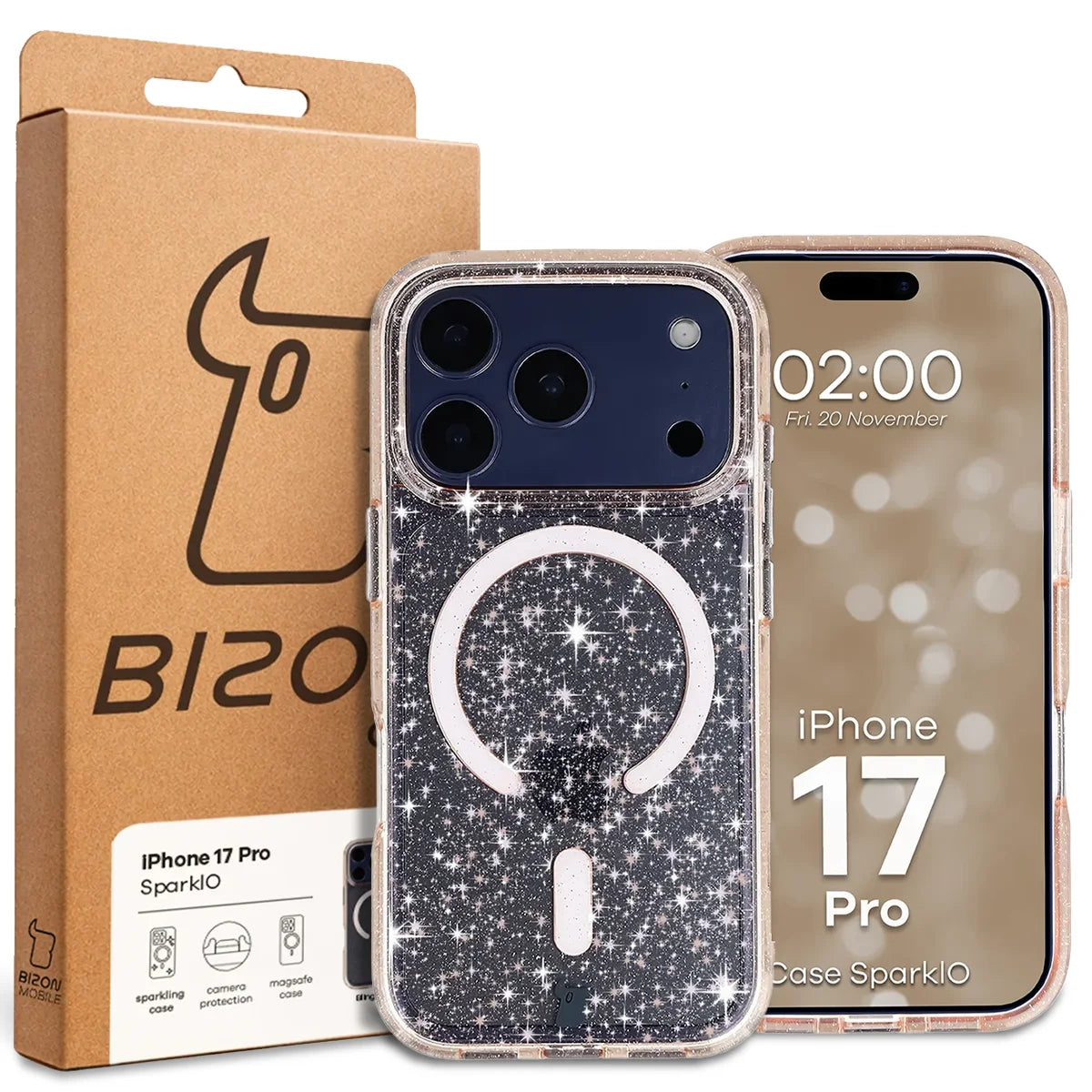 Glitzer Hülle mit Magnetring für iPhone 17 Pro, Bizon Case SparklO, Transparent-Hellorange mit Glitzer