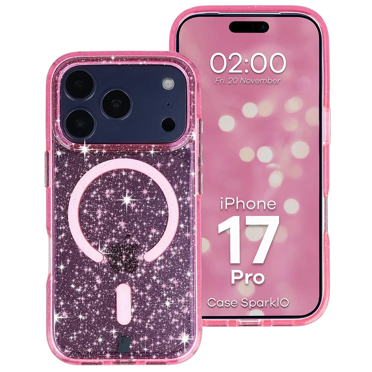 Glitzer Hülle mit Magnetring für iPhone 17 Pro, Bizon Case SparklO, Transparent-Rosa mit Glitzer