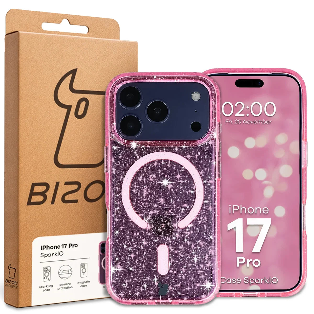Glitzer Hülle mit Magnetring für iPhone 17 Pro, Bizon Case SparklO, Transparent-Rosa mit Glitzer