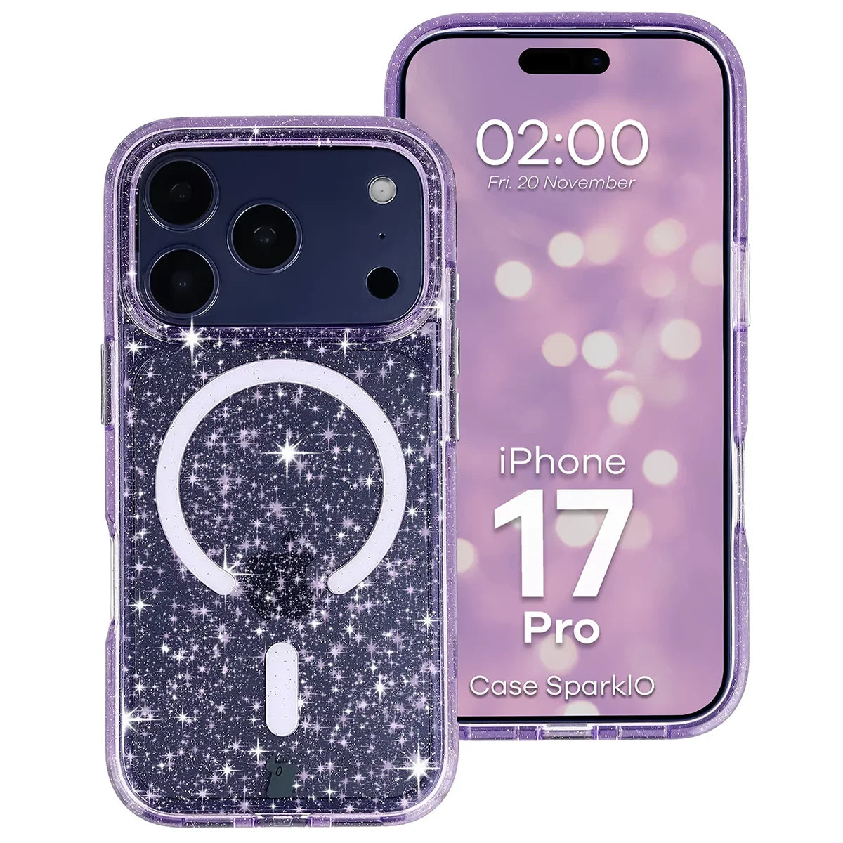 Glitzer Hülle mit Magnetring für iPhone 17 Pro, Bizon Case SparklO, Transparent-Violet mit Glitzer