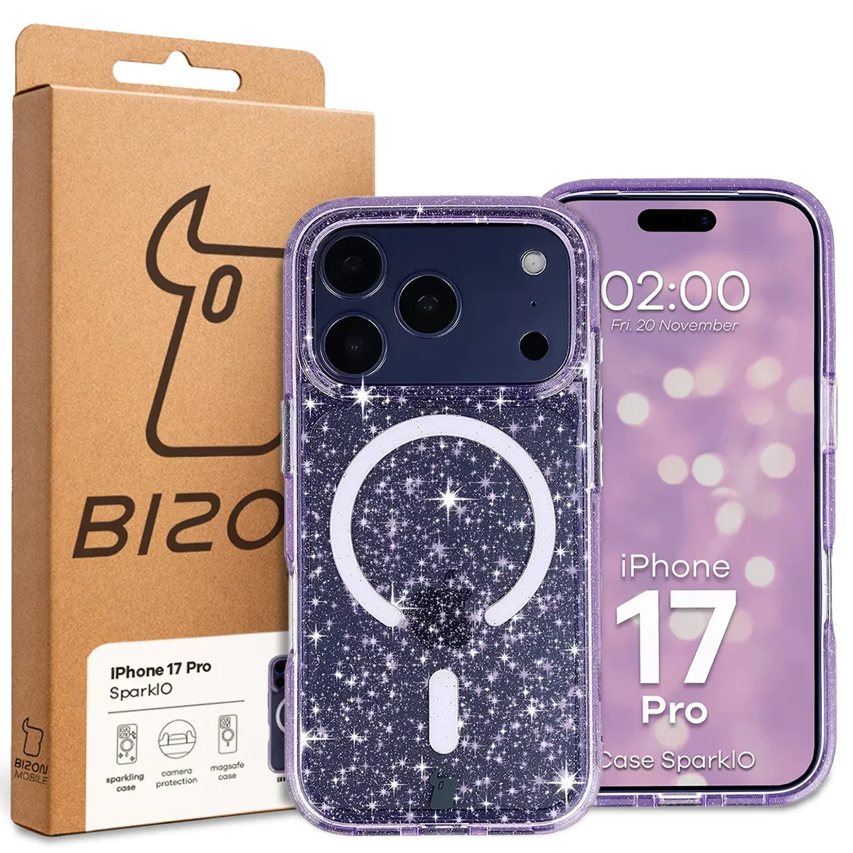 Glitzer Hülle mit Magnetring für iPhone 17 Pro, Bizon Case SparklO, Transparent-Violet mit Glitzer