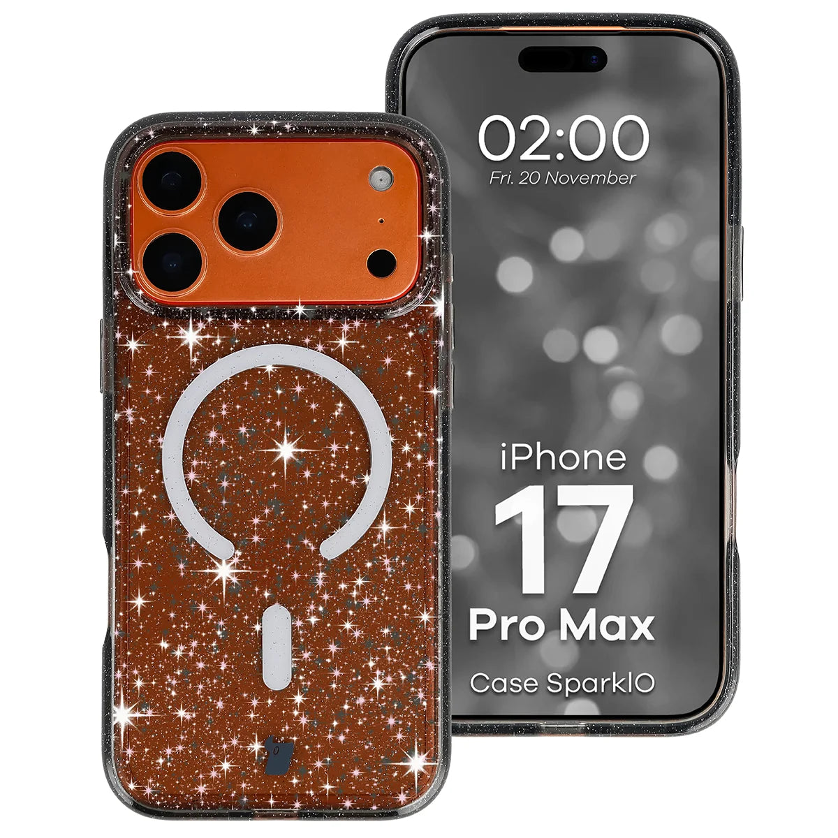 Glitzer Hülle mit Magnetring für iPhone 17 Pro Max, Bizon Case SparklO, Transparent-Schwarz mit Glitzer