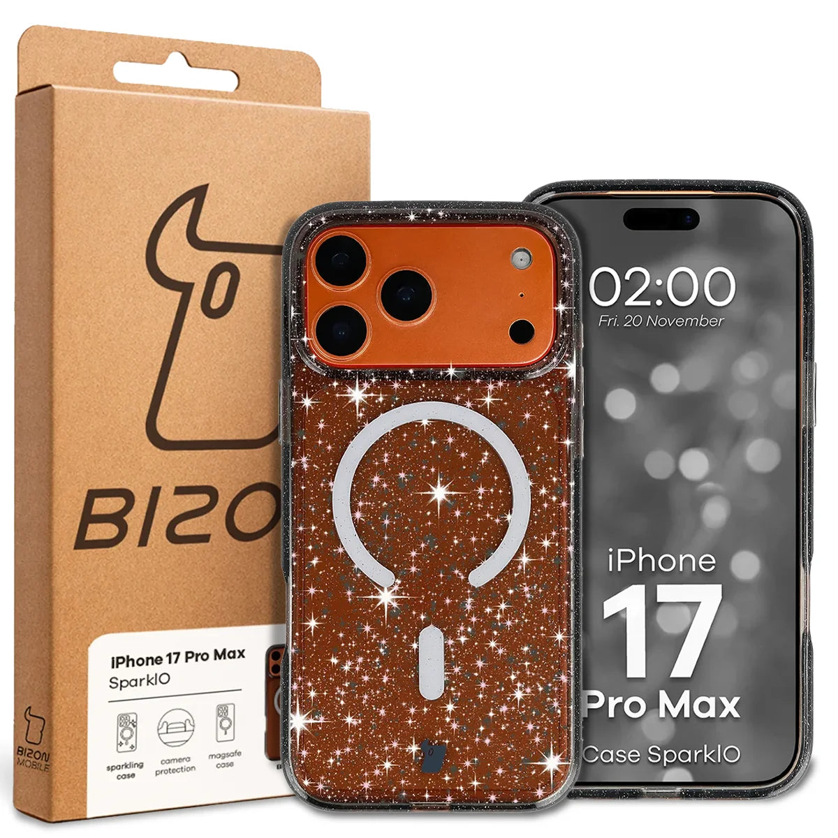 Glitzer Hülle mit Magnetring für iPhone 17 Pro Max, Bizon Case SparklO, Transparent-Schwarz mit Glitzer