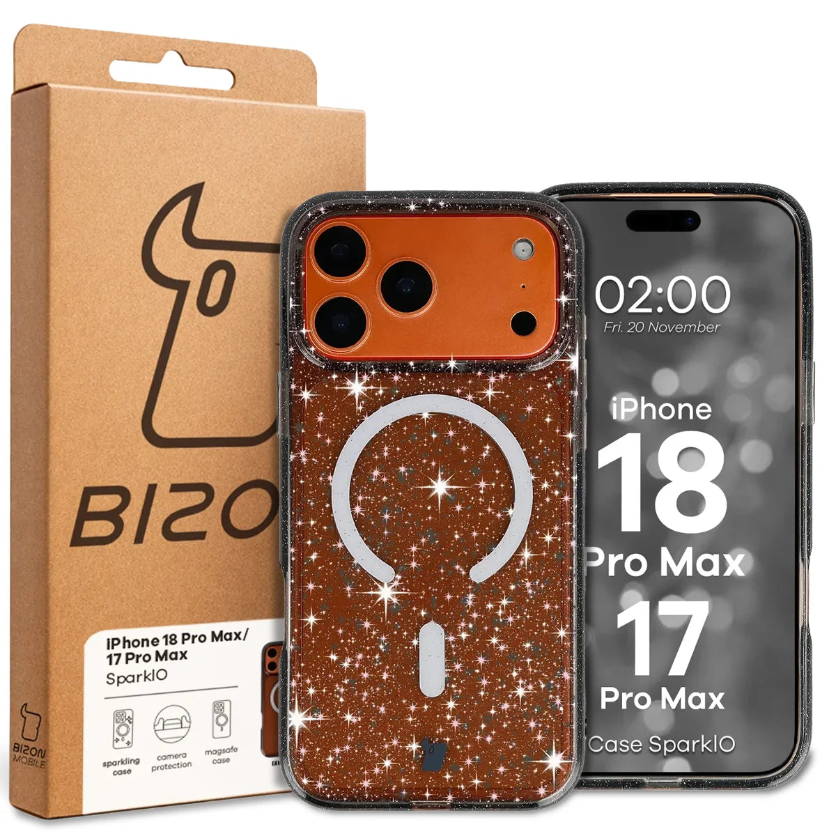Glitzer Hülle mit Magnetring für iPhone 18 Pro Max / 17 Pro Max, Bizon Case SparklO, Transparent-Schwarz mit Glitzer
