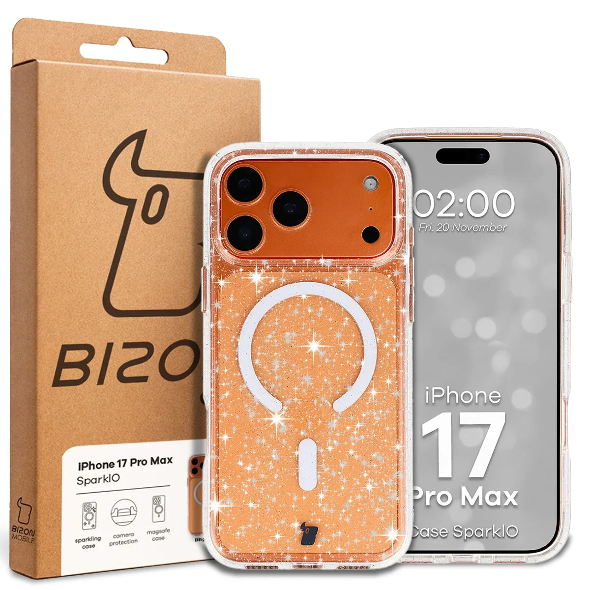 Glitzer Hülle mit Magnetring für iPhone 17 Pro Max, Bizon Case SparklO, Transparent mit Glitzer