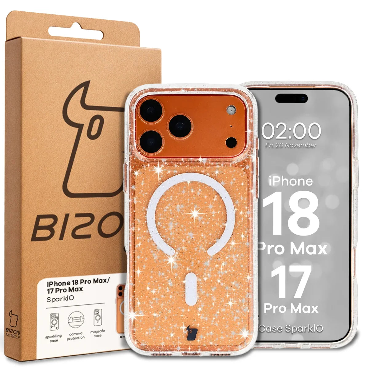 Glitzer Hülle mit Magnetring für iPhone 18 Pro Max / 17 Pro Max, Bizon Case SparklO, Transparent mit Glitzer