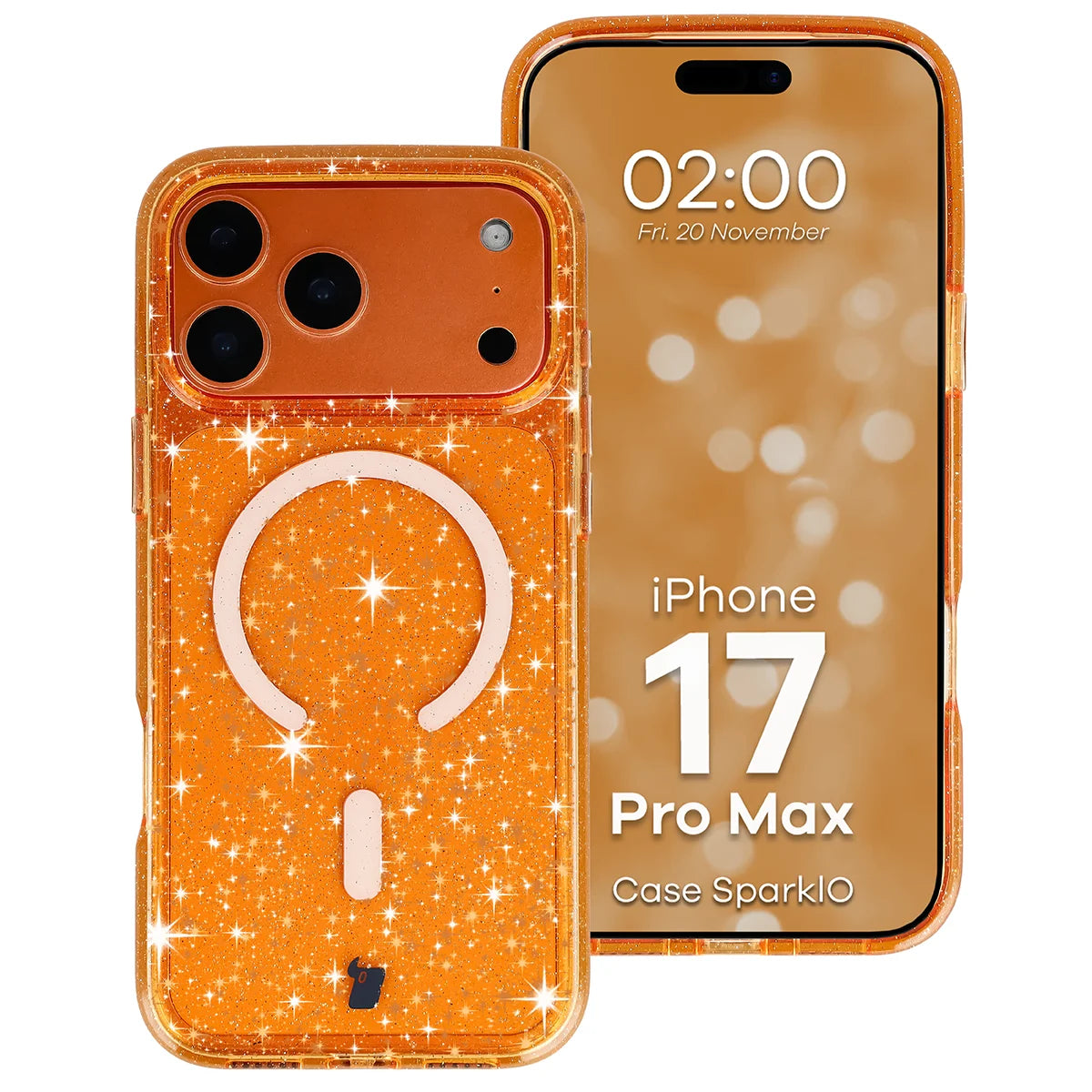 Glitzer Hülle mit Magnetring für iPhone 17 Pro Max, Bizon Case SparklO, Transparent-Orange mit Glitzer