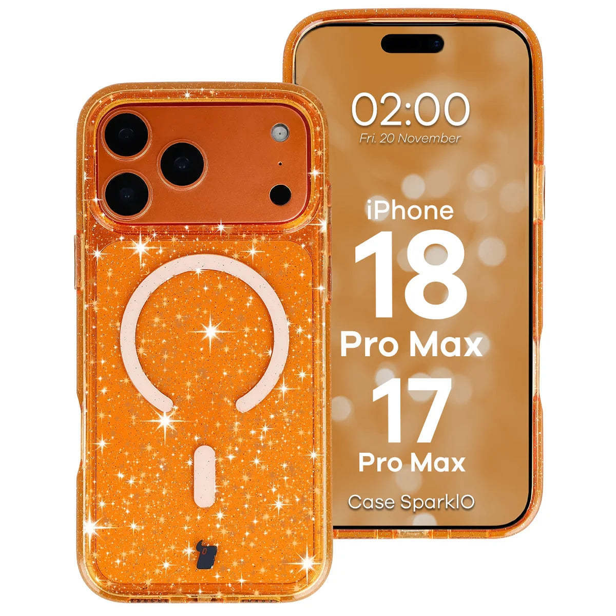 Glitzer Hülle mit Magnetring für iPhone 18 Pro Max / 17 Pro Max, Bizon Case SparklO, Transparent-Orange mit Glitzer